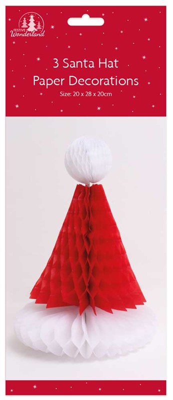 Pack of 3 Santa Hat Honeycomb Paper Christmas Decorations