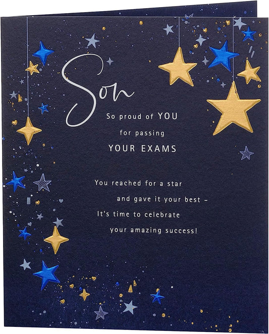 Son Passing Exams Congratulations Card Dark Blue Design 