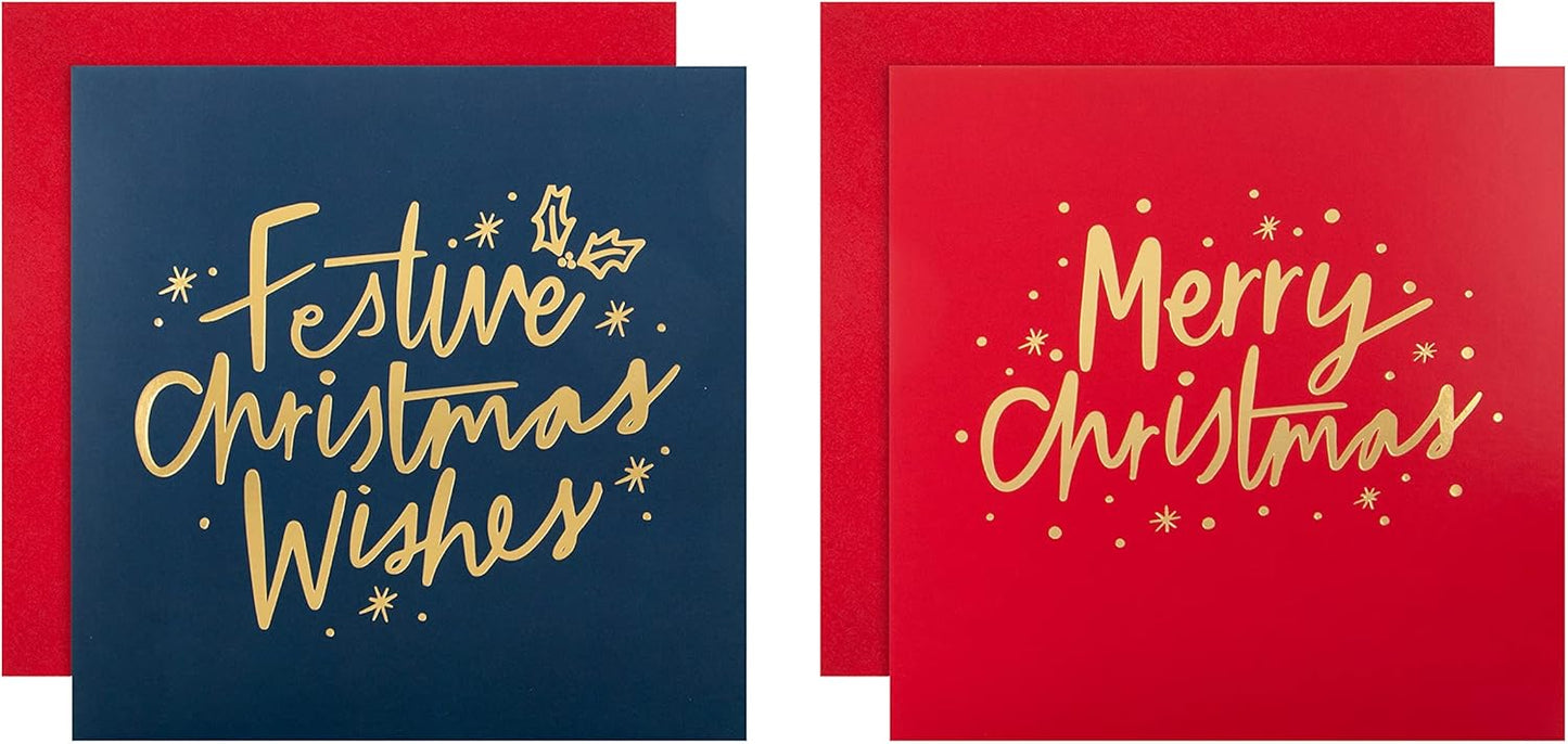 Pack of 16 in 2 Text Based Designs, Gold, Red, Blue Multipack Christmas Cards