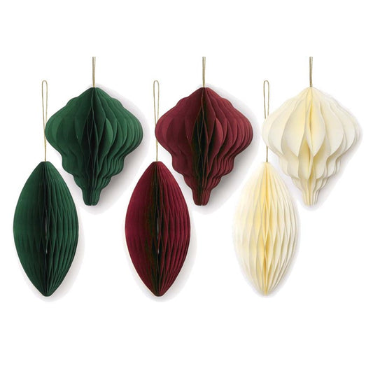 Pack of 6 Traditional Assorted Honeycomb Paper Christmas Baubles Decorations