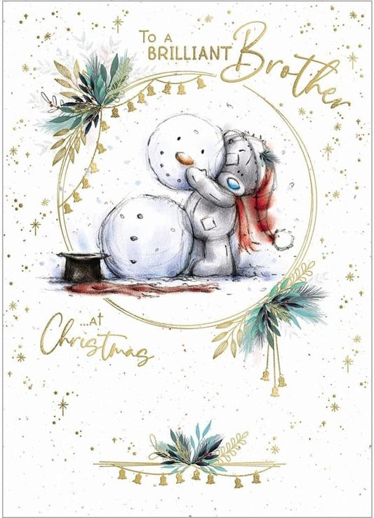 Bear Making Snowman Brother Christmas Card