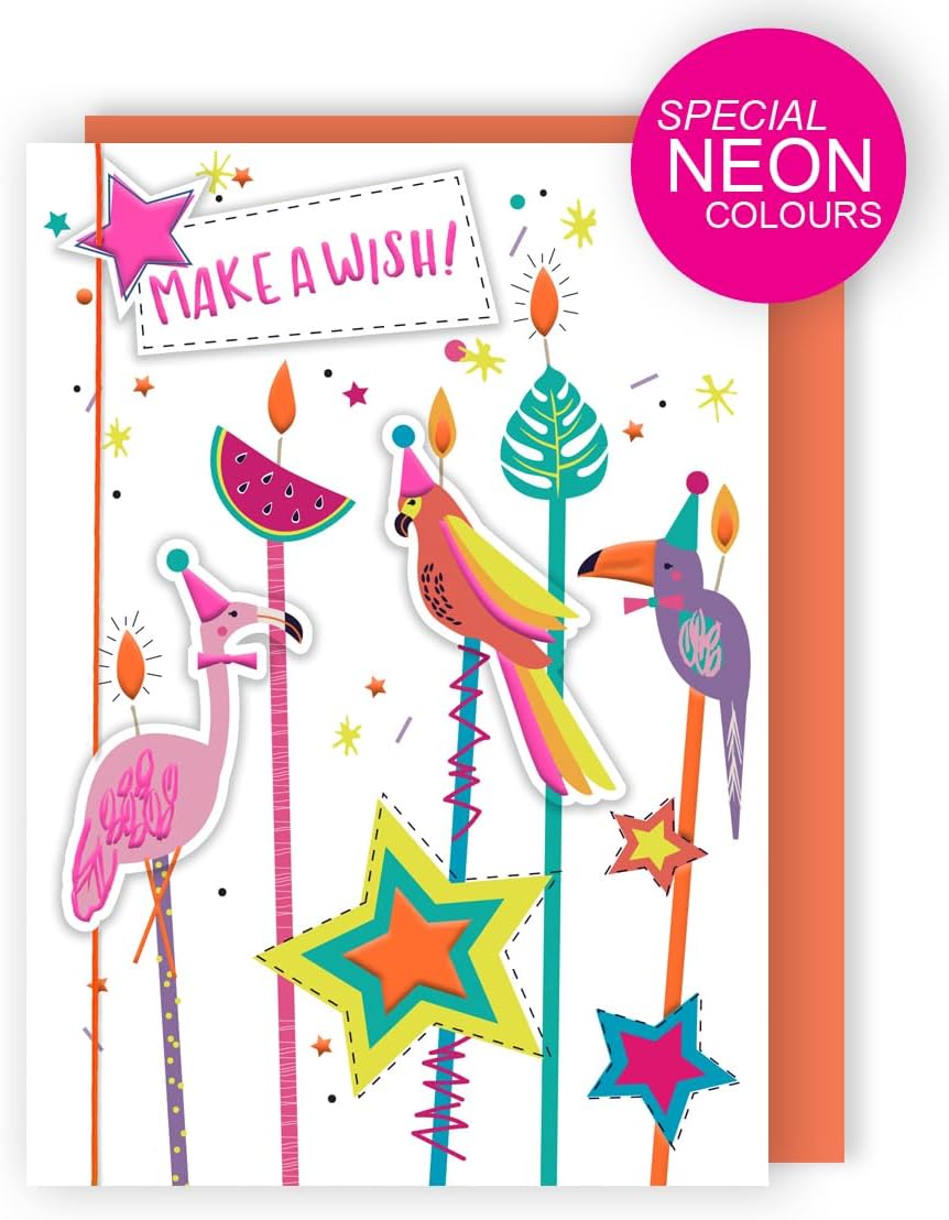 Make A Wish! Party Parrot And Flamingo Fun! Hand-Finished Birthday Card