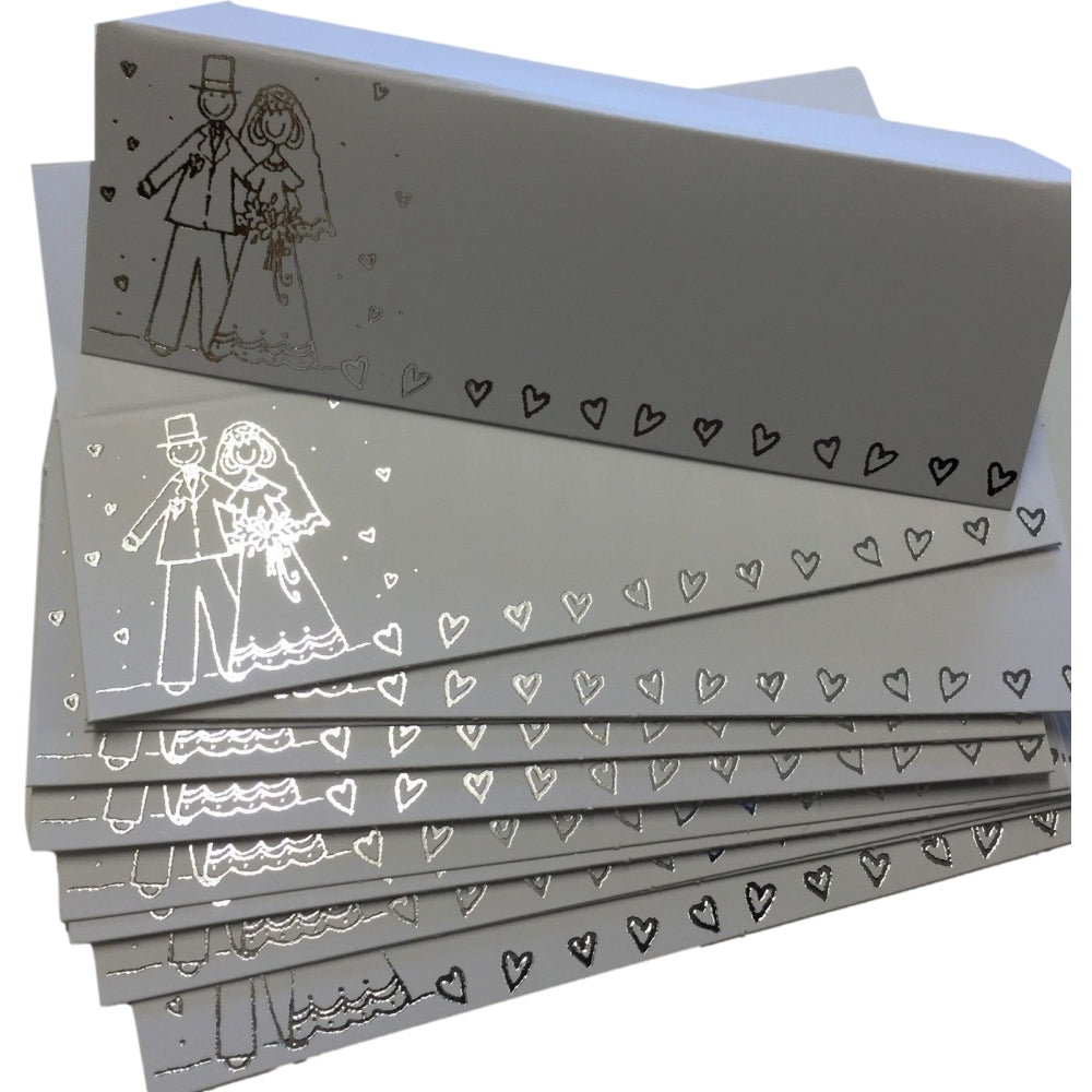 White & Silver Bride & Groom Wedding Place Cards - Pack of 12