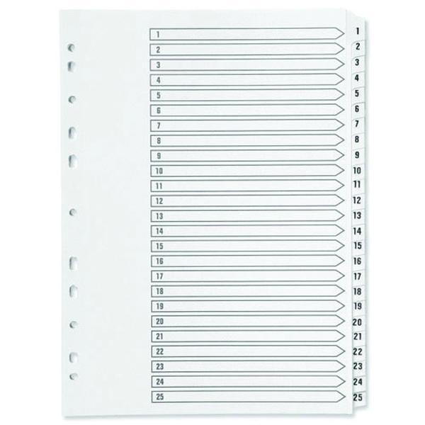 Pack of 4 A4 White 1-25 Multi-Punched Reinforced Board Clear Tab Index