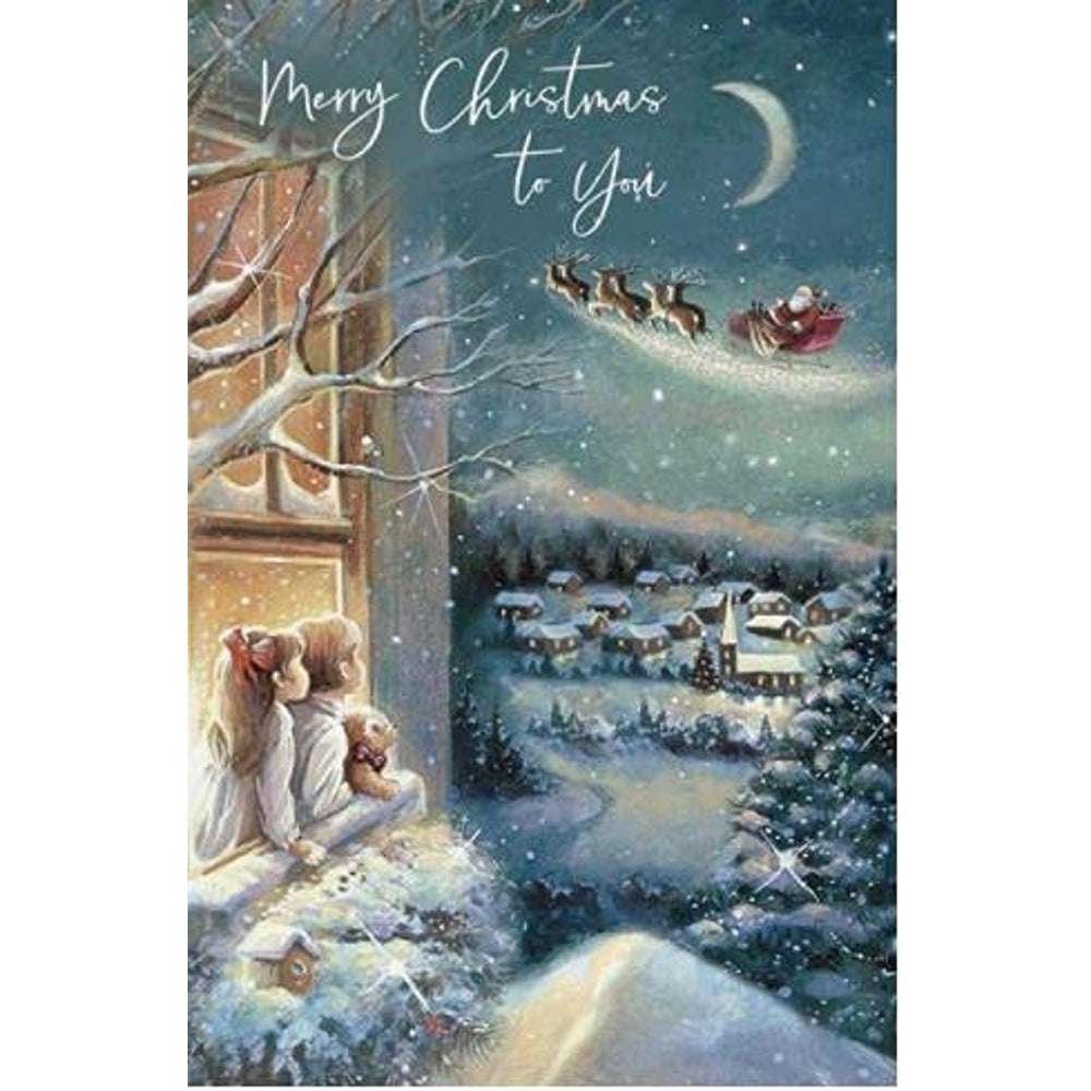 Children Watching Santa from Window Christmas Card