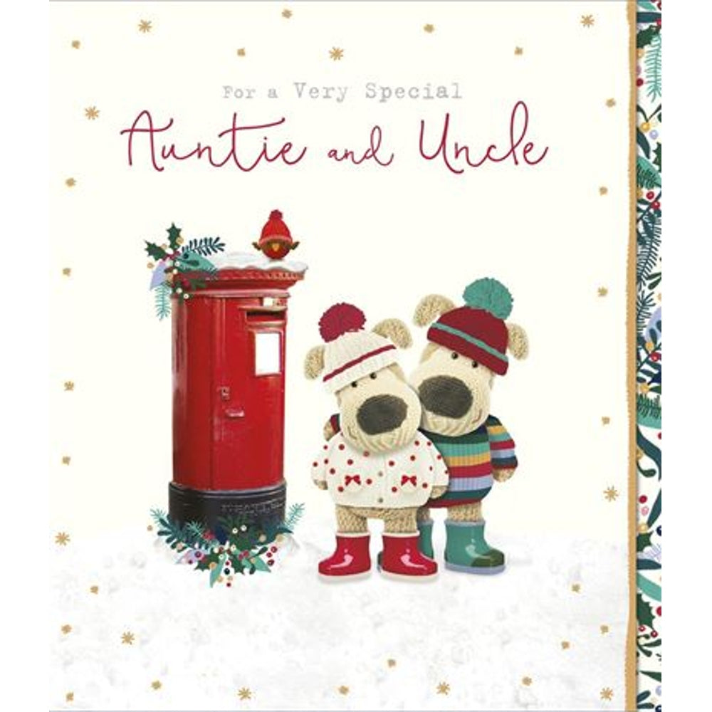 Boofle Couple Next To Letter Box Auntie and Uncle Christmas Card