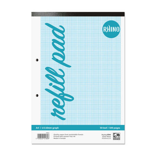 Pack of 10 Rhino A4 100 Page 10mm Graph Ruling with Plain on Reverse Graph Pads