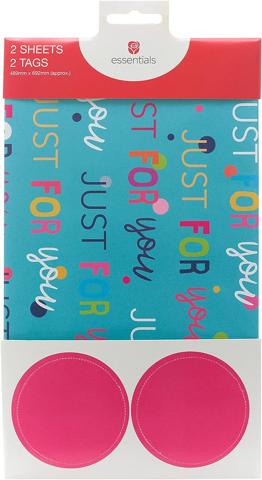 Pack of 6 Just For You Themed Gift Wrap Pack Contains 2 Sheets & Tags