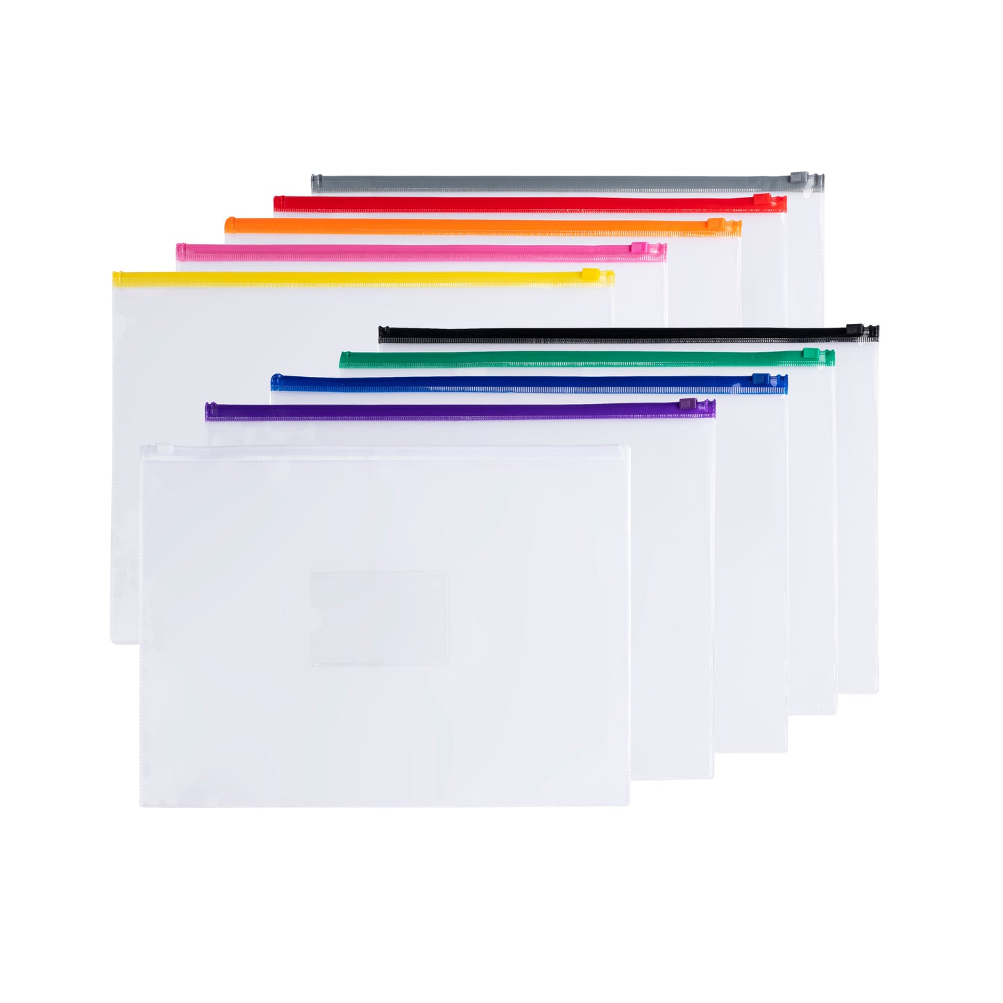 Pack of 10 A3 Clear Zippy Bags with Assorted Coloured Zip