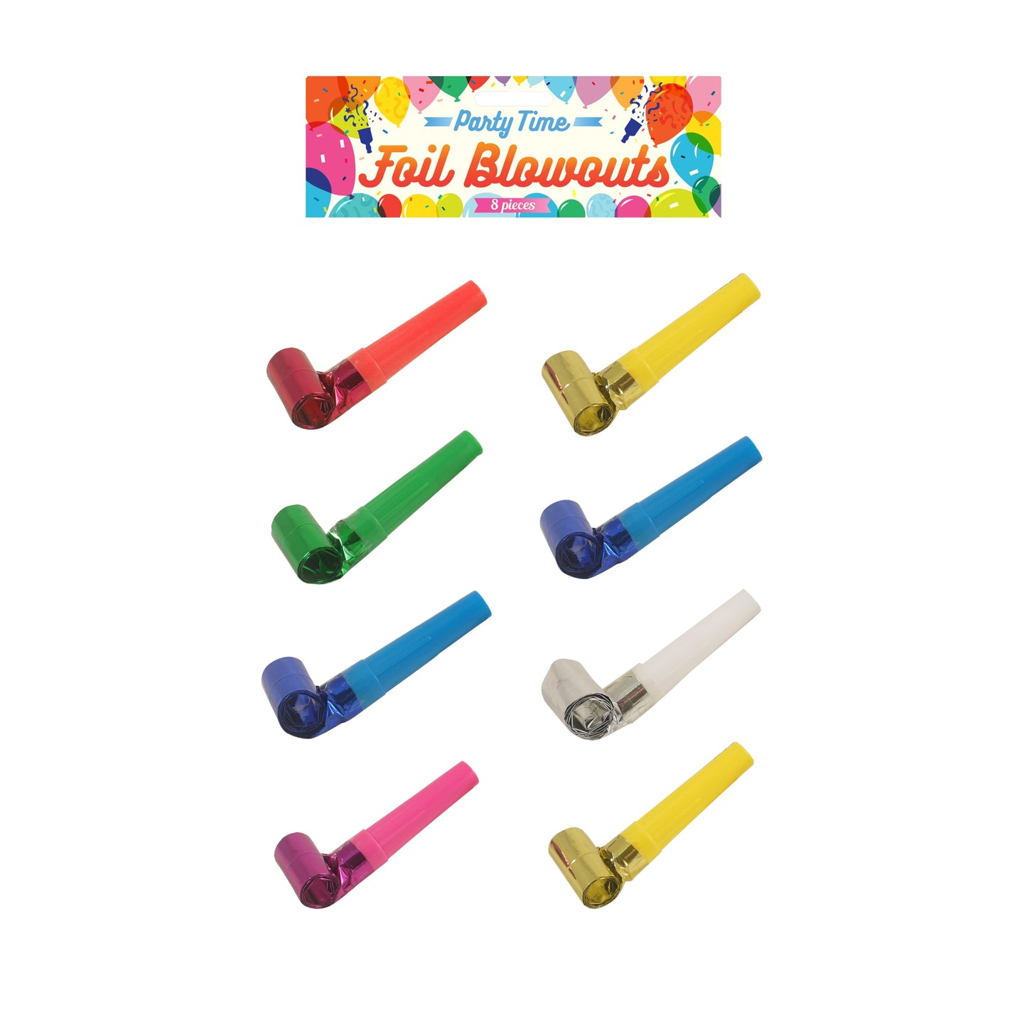 Pack of 8 Party time Foil Blowout 4cm (Assorted colours)