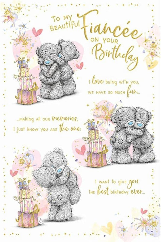 Bears With Stacked Presents Storyboard Fiancée Birthday Card