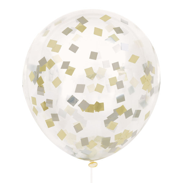 Pack of 6 Clear Latex 12" Balloons with Gold & Silver Foil Confetti