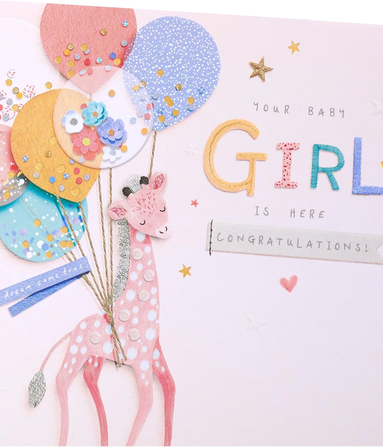 Giraffe and Balloons New Baby Girl Congratulations Card