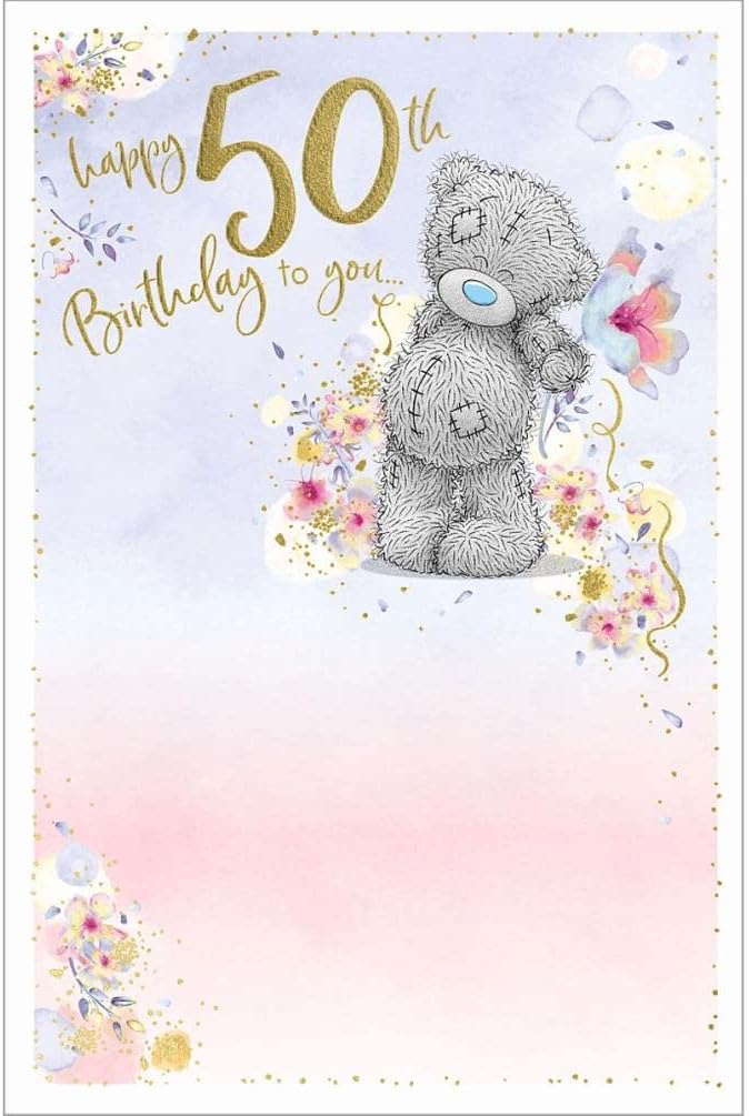 Bear Holding Single Flower 50th Birthday Card