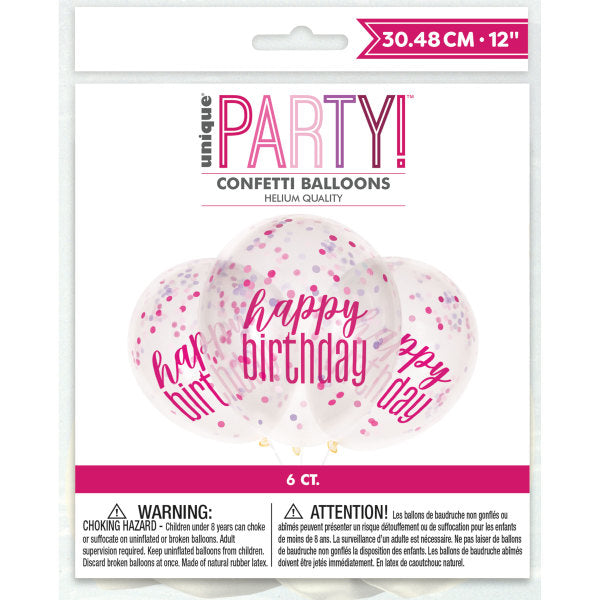 Pack of 6 12" Clear Printed Glitz "Happy Birthday" Balloons with Confetti, Pink & Silver