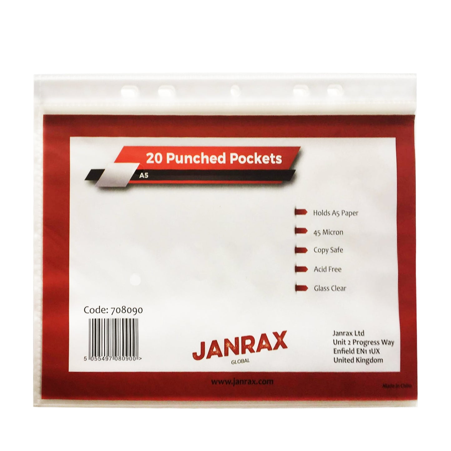 Pack of 100 A5 Glass Clear Punched Pockets by Janrax