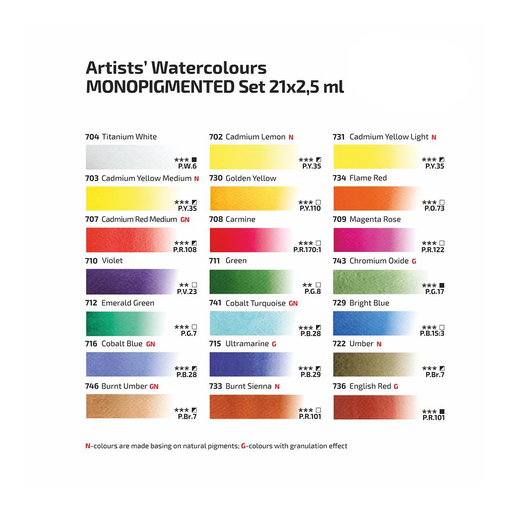 Pack of 21 Monopigmented Assorted Watercolours Paints by Rosa Gallery