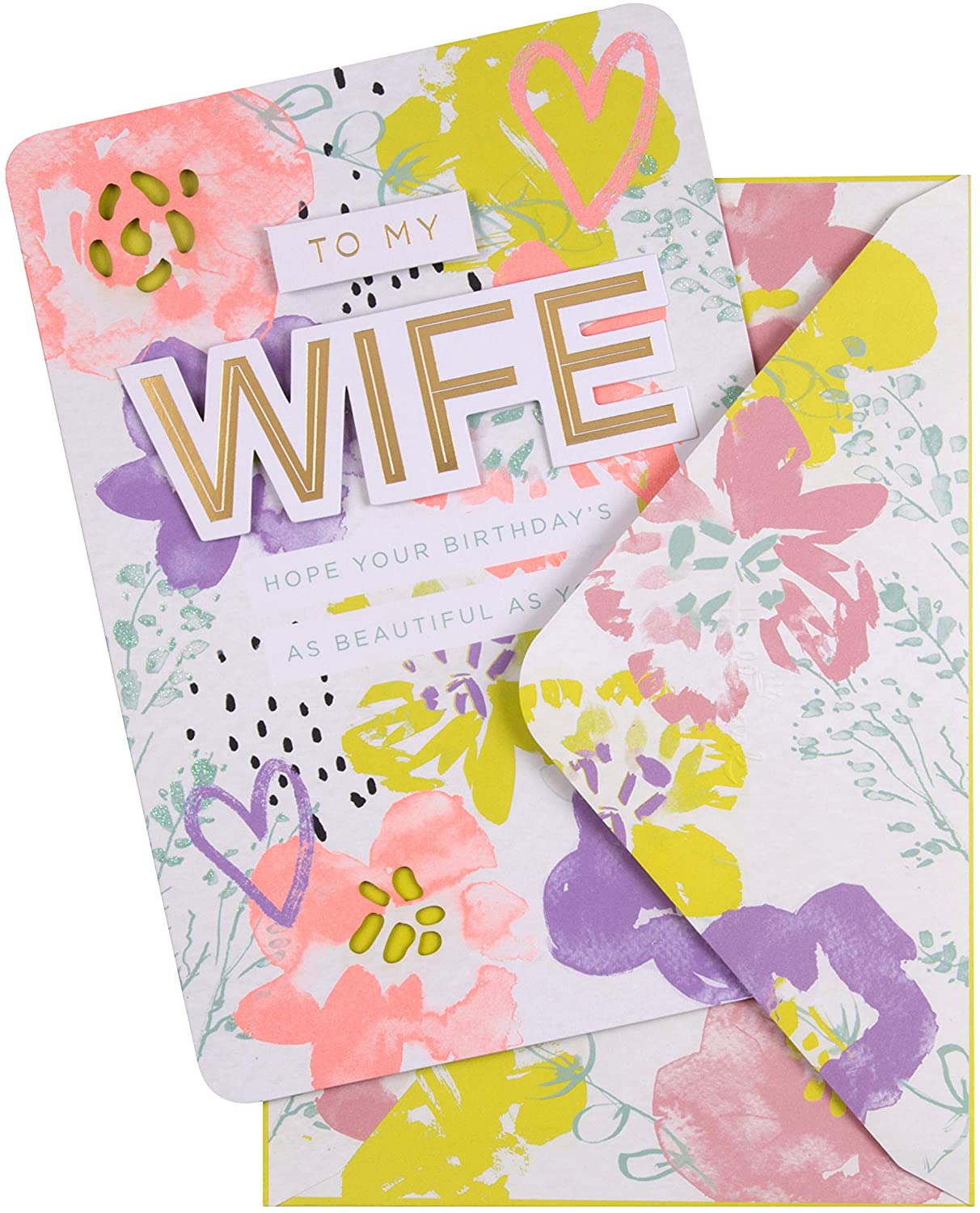 Wife Birthday Card Neon Floral Design with 3D Text 