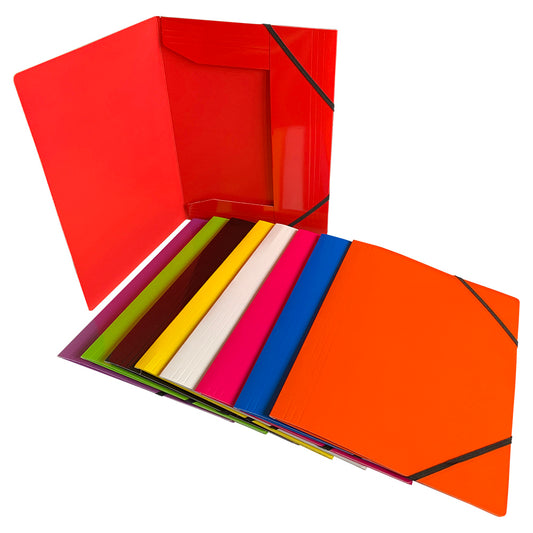 Pack of 12 Janrax A4 Assorted Colour Laminated Card 3 Flap Folders with Elastic Closure