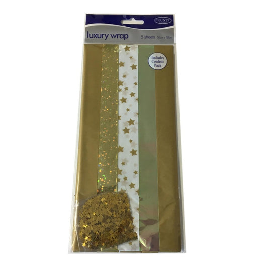 Pack of 5 Gold Coloured Luxury Gift Wraps 50 x 70cm