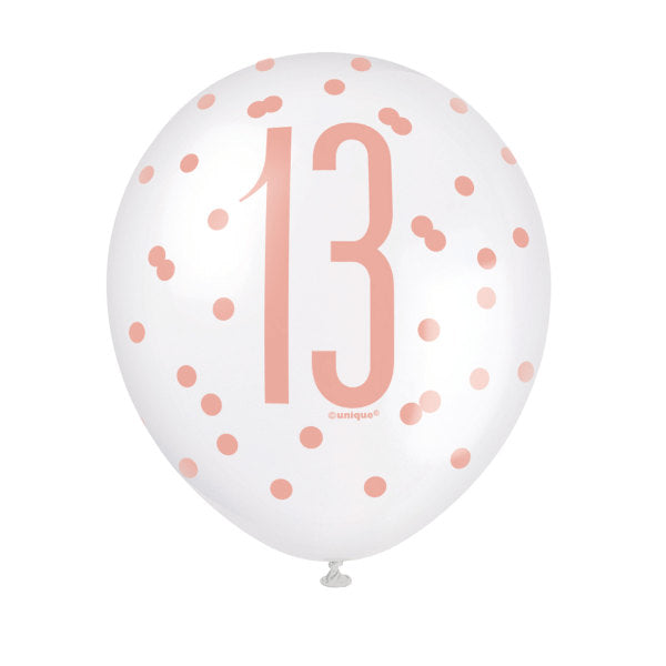 Pack of 6 12" Birthday Rose Gold Glitz Number 13 Latex Balloons