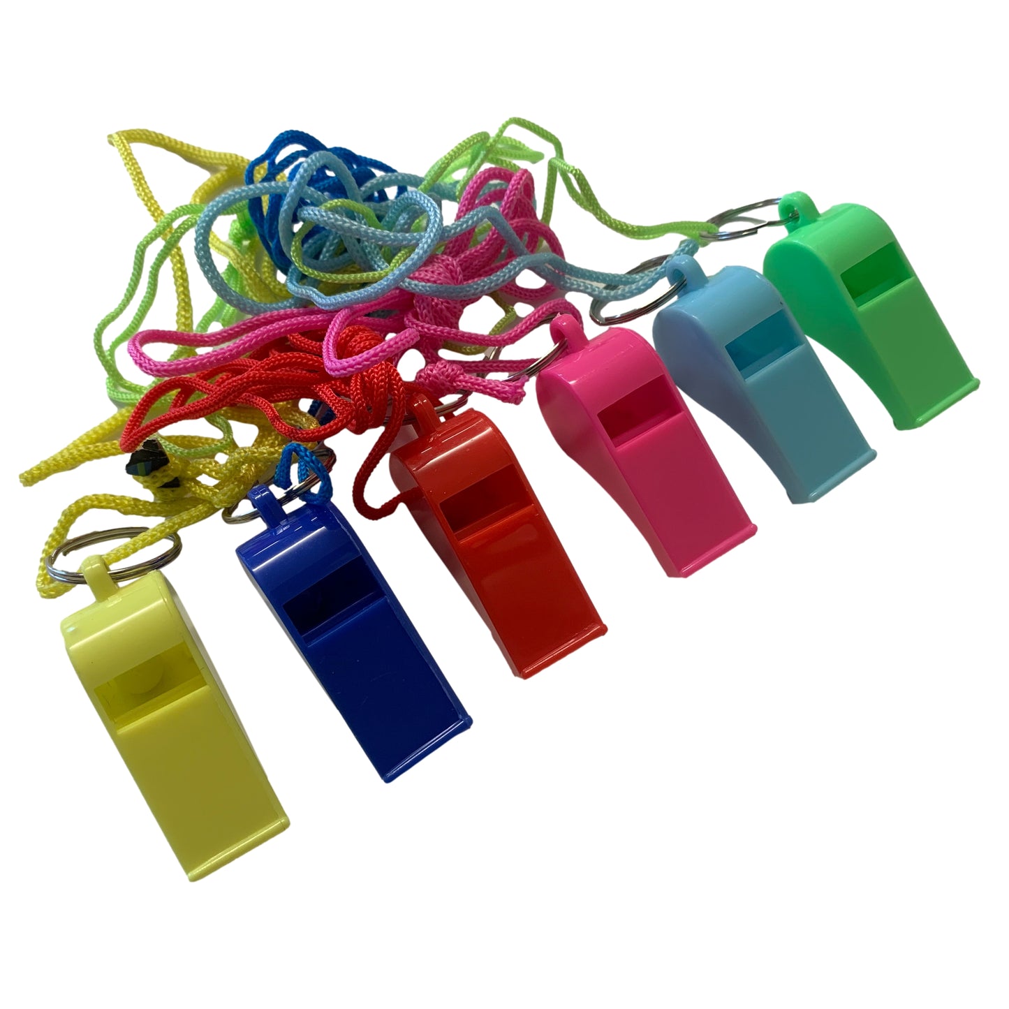 Pack of 100 Assorted Colour Whistles with Lanyards