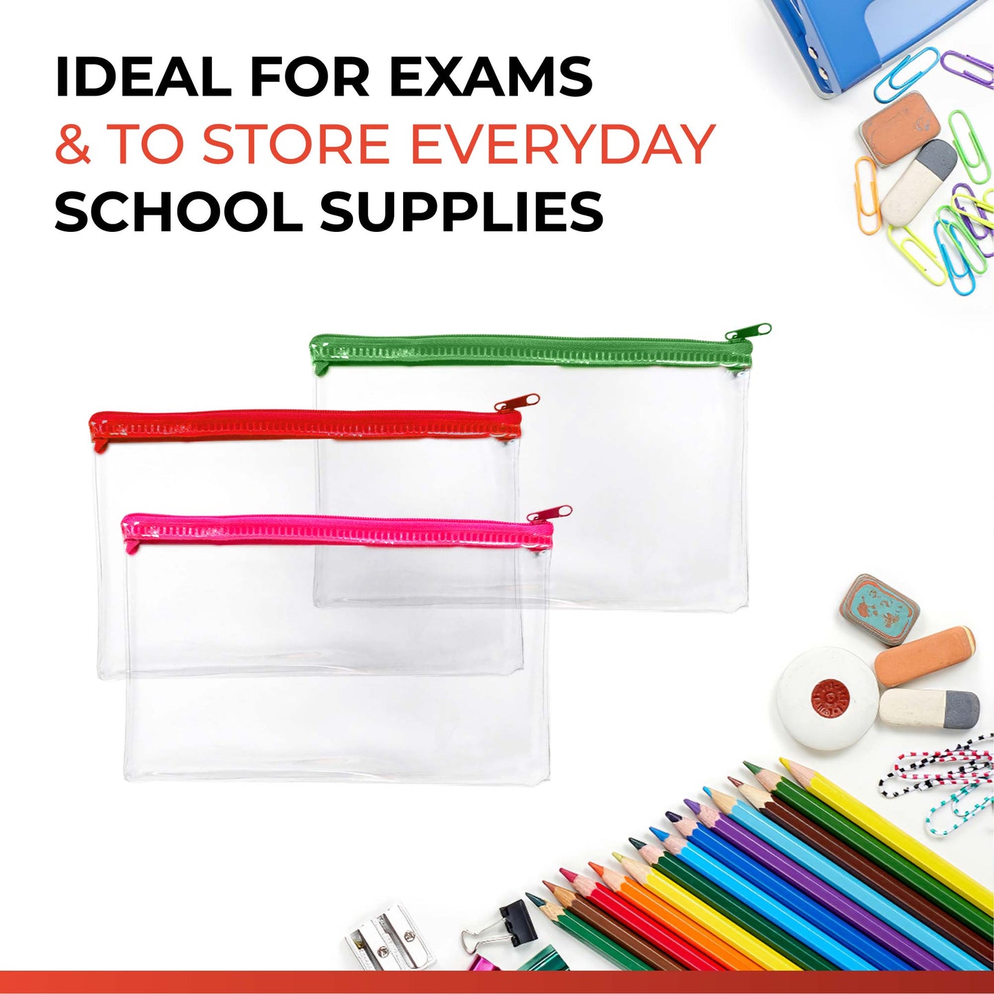 Janrax 8x5" Red Zip Clear Exam Pencil Case