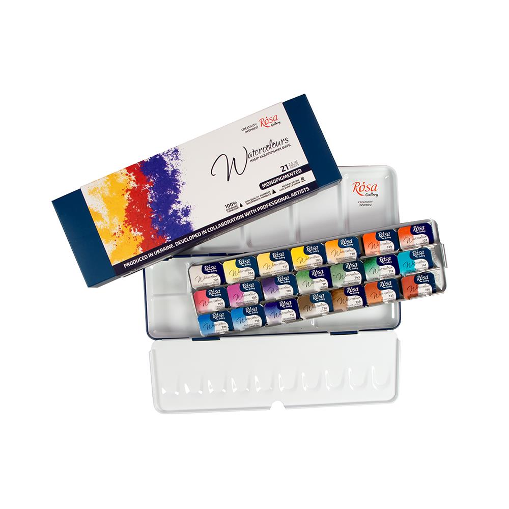 Pack of 21 Monopigmented Assorted Watercolours Paints by Rosa Gallery