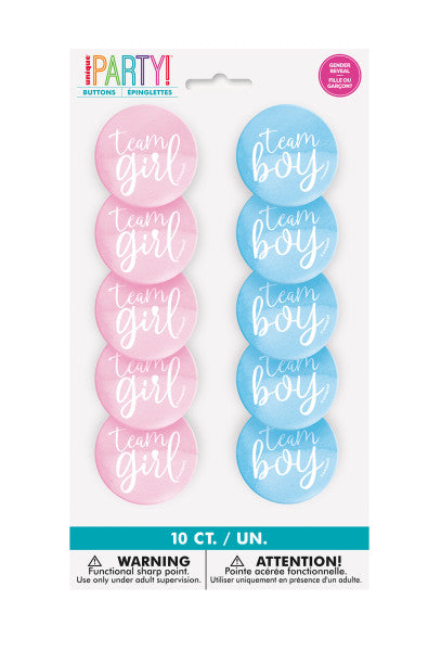 Pack of 10 Team Boy or Girl Gender Reveal Buttons