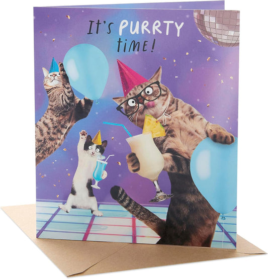 Purry Time Cats Disco Design Birthday Card