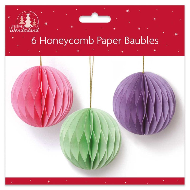 Pack of 6 Bright Round Honeycomb Paper Christmas Baubles Decorations