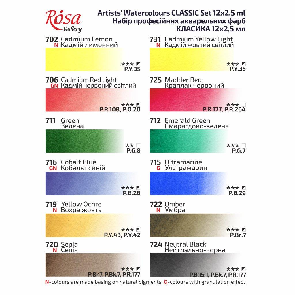 Pack of 12 Classic Assorted Watercolours Paints by Rosa Gallery