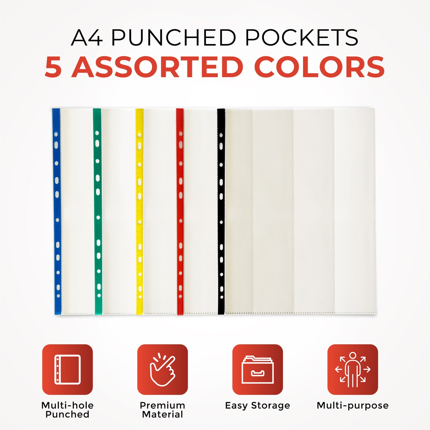 Pack of 250 A4 Punched Pockets with Assorted Coloured Reinforced Strip