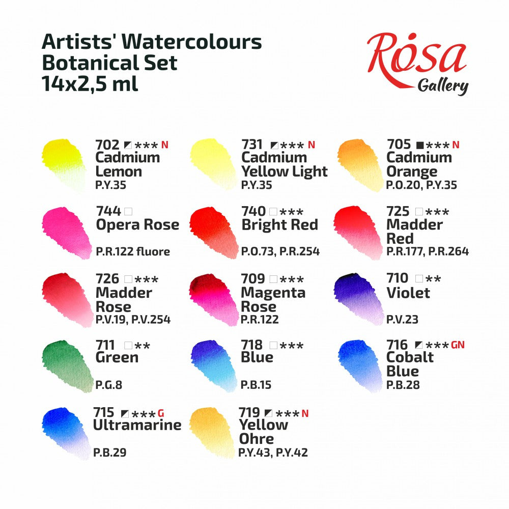 Pack of 14 Botanical Assorted Watercolours Paints by Rosa Gallery