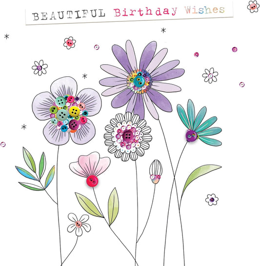 Flowers Hand-Finished Buttons Embellished Birthday Card For Her