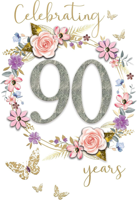 Embellished Wreath Of Flowers Female 90th Birthday Card