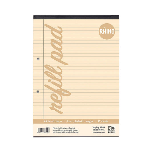 Rhino A4 Cream Paper 100 Page 8mm Lined with Margin Refill Pad