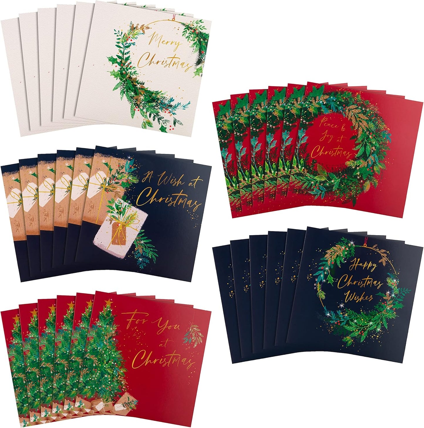 Pack of 30, 5 Festive Wreath Designs Boxed Christmas Cards