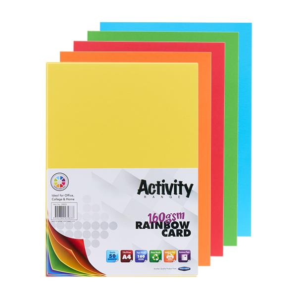 Pack of 50 Sheets A4 Assorted Rainbow Colour 160gsm Card by Premier Activity 