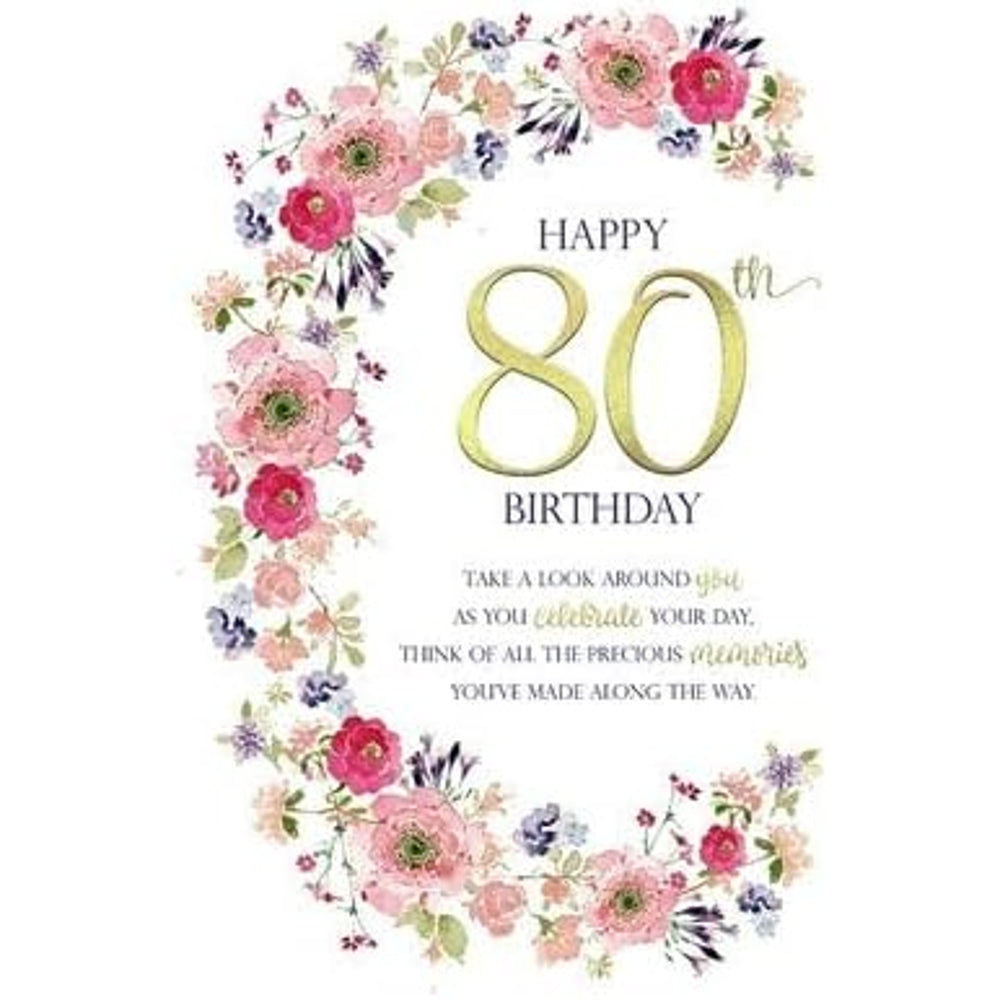 Floral Wreath 80th Milestone Birthday Card