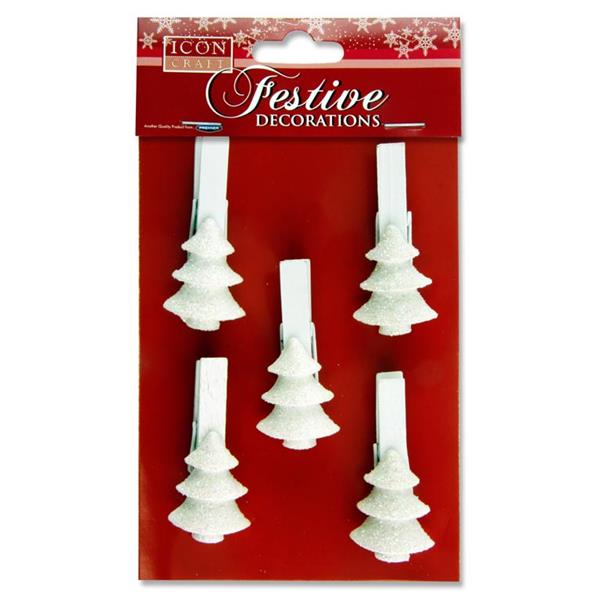 Pack of 5 White Christmas Tree Festive Peg Decorations