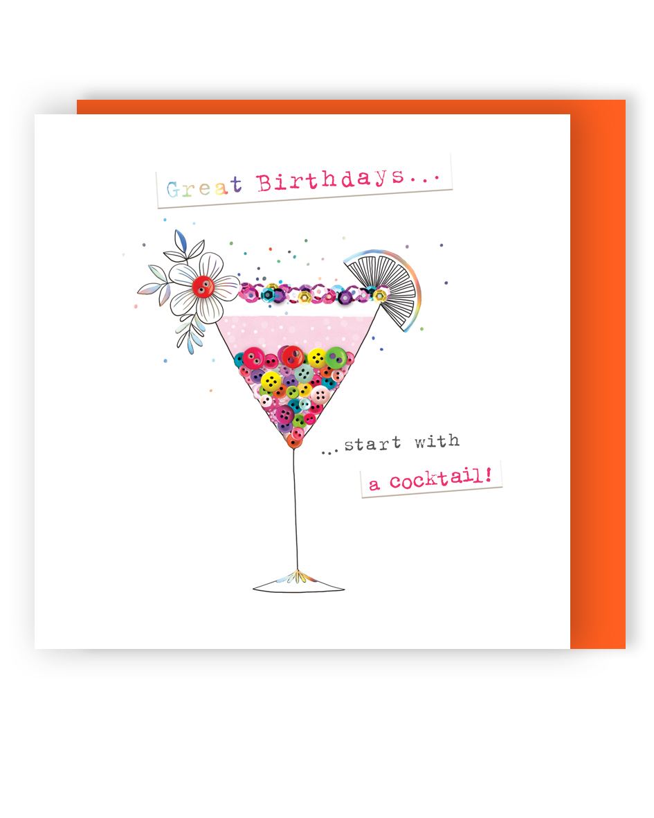 Cocktails Hand-Finished Buttons Embellished Birthday Card For Her