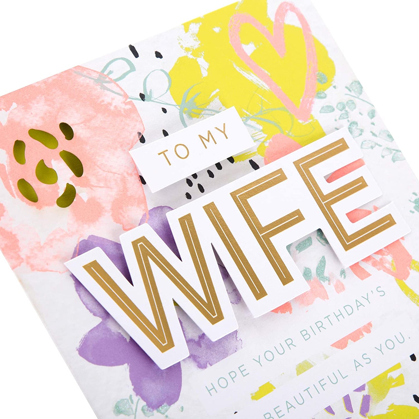 Wife Birthday Card Neon Floral Design with 3D Text 