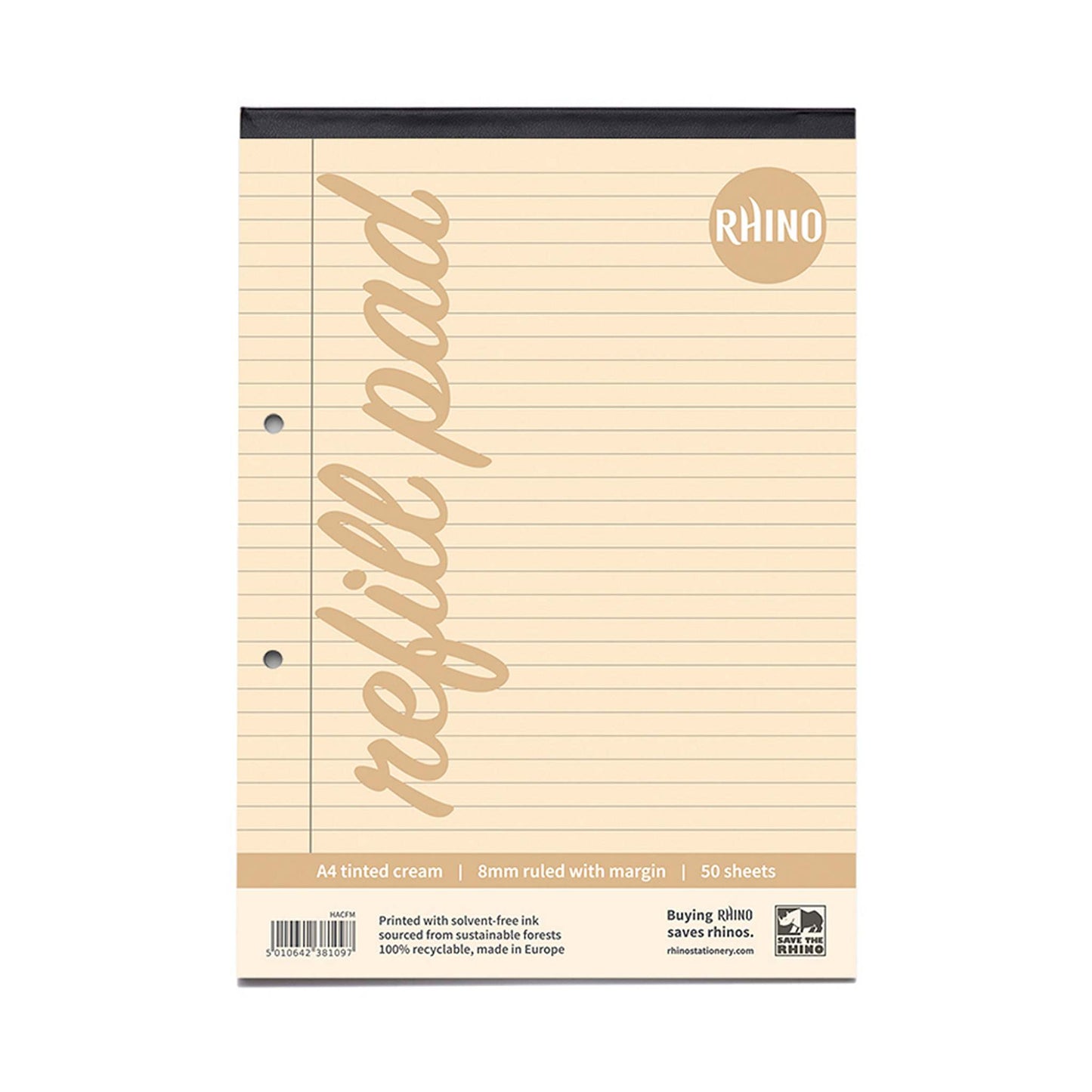 Pack of 6 Rhino A4 Cream Paper 100 Page 8mm Lined with Margin Refill Pads