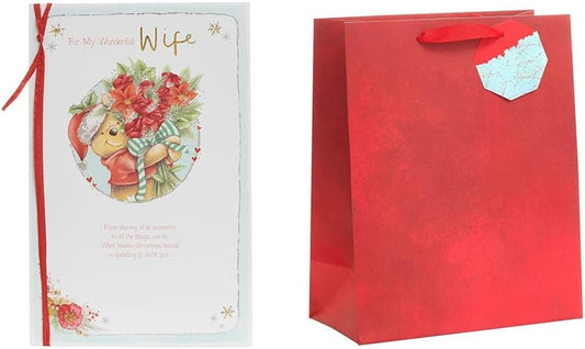 Disney Winnie the Pooh Christmas Card for Wife + Large Red Gift Bag with Tag