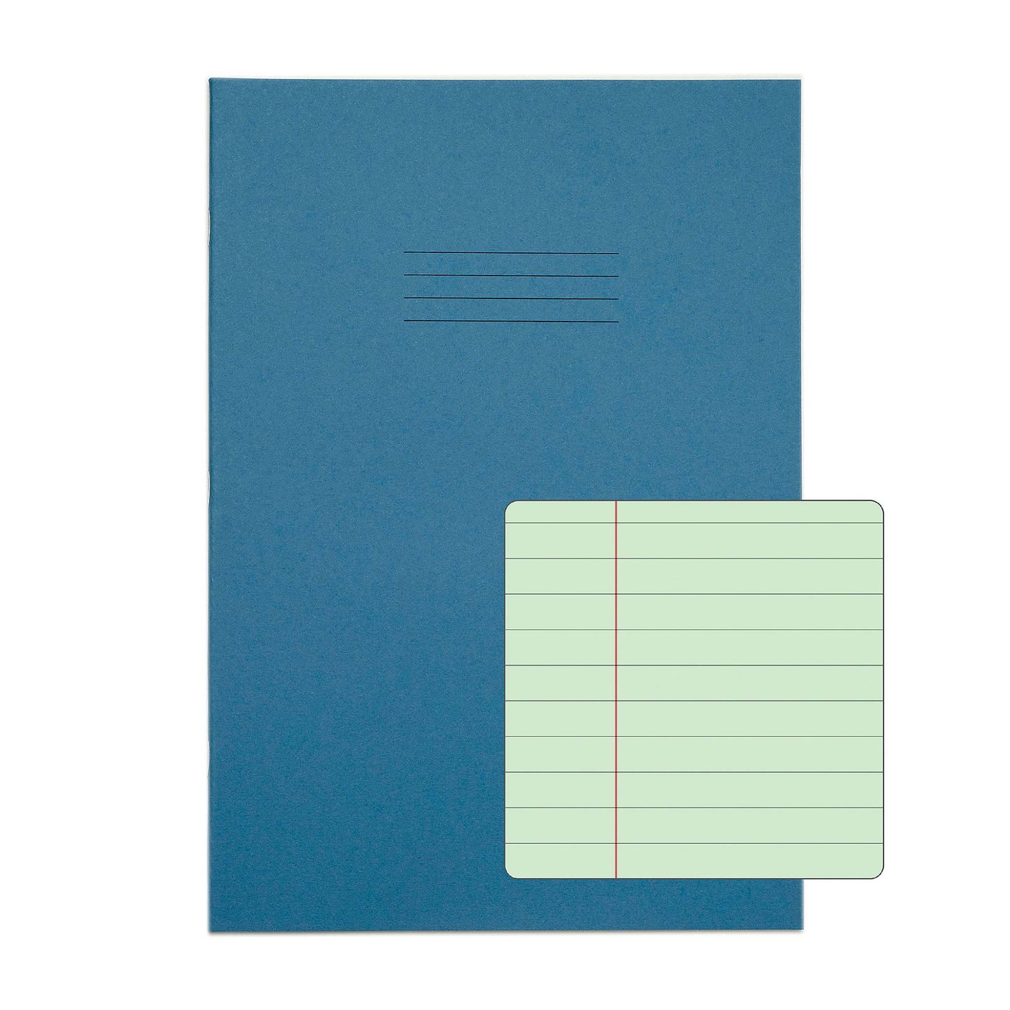 Pack of 10 Rhino A4 48 Page Light Blue with Green Tinted Paper 8mm Lined with Margin Exercise Books