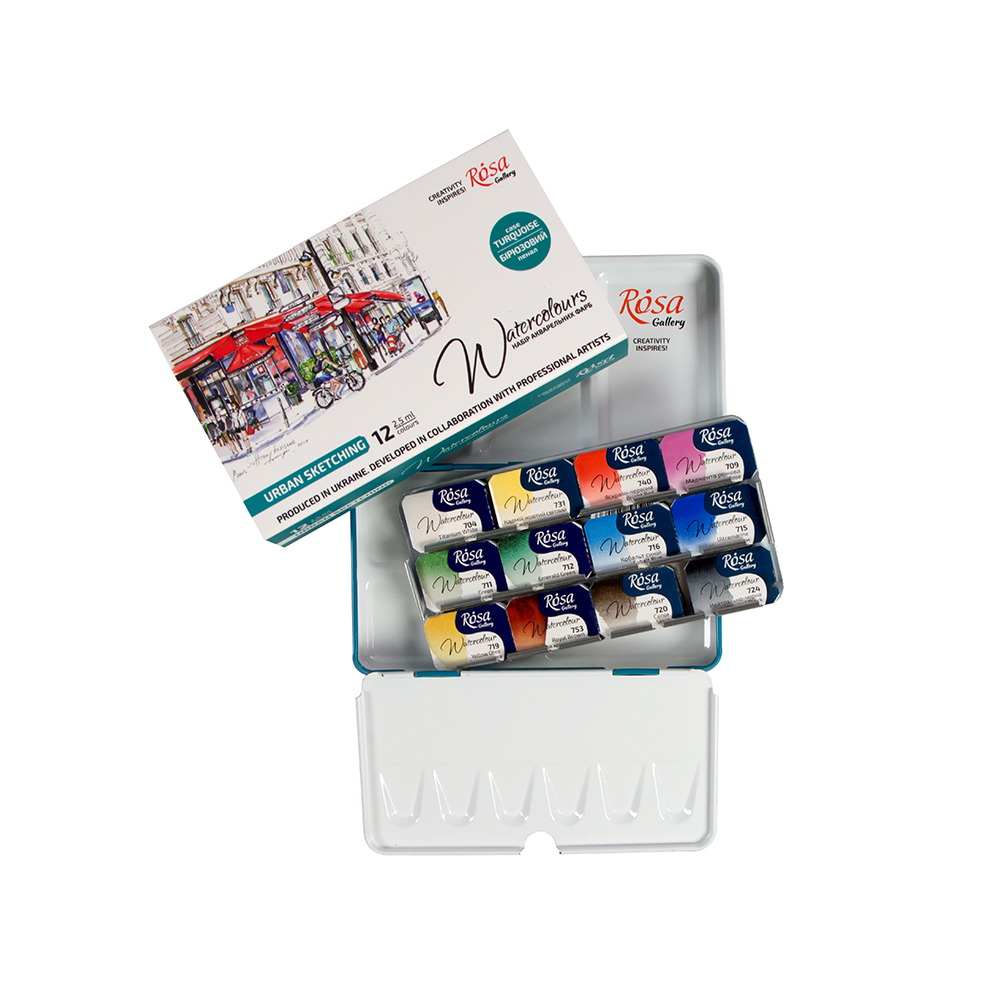 Pack of 12 Urban Sketching Assorted Watercolours Paints by Rosa Gallery