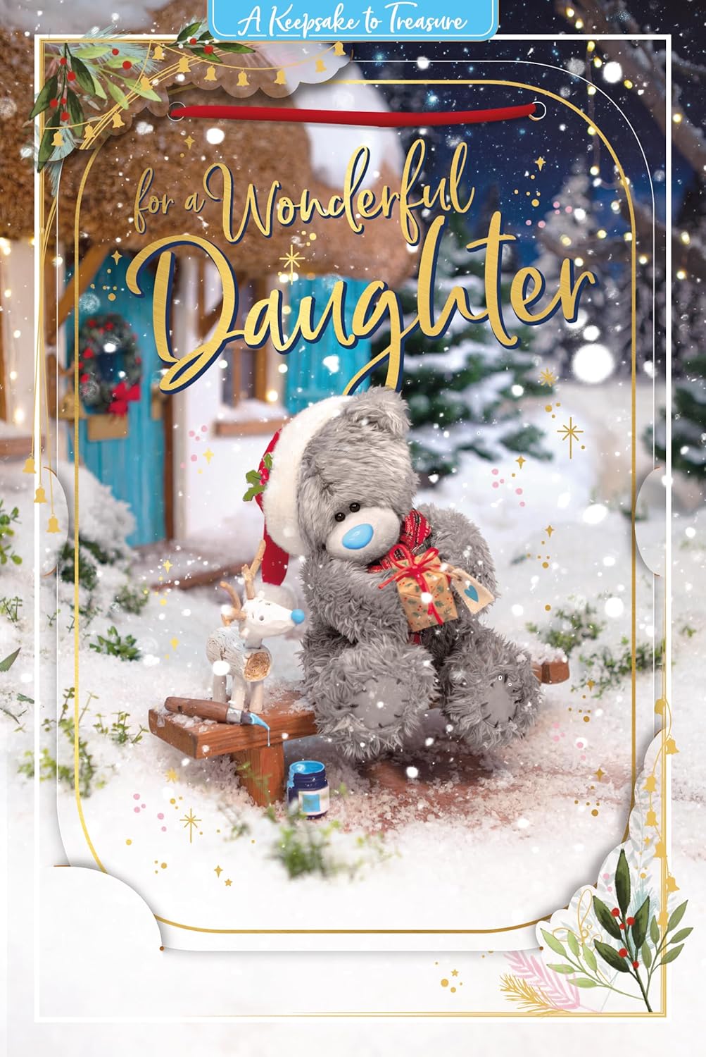 Bear Sat On Bench With Gift And Reindeer 3D Holographic Wonderful Daughter Christmas Card 	