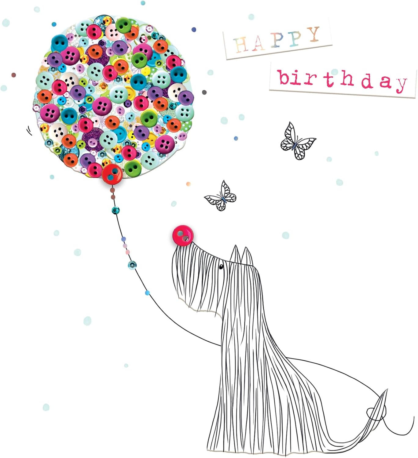 Dog & Balloon Hand-Finished Buttons Embellished Birthday Card