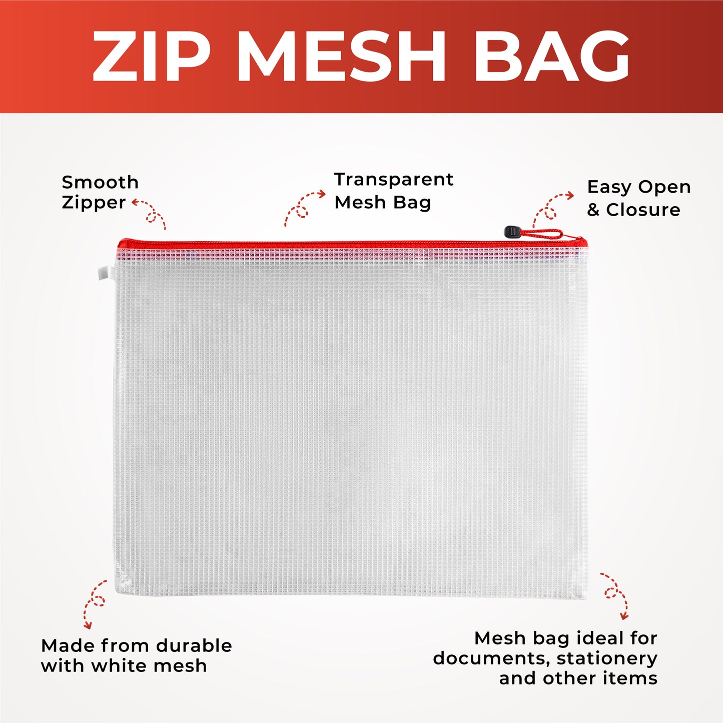 Pack of 12 A5 Red Zip Strong Mesh Bags - Tough Waterproof Storage